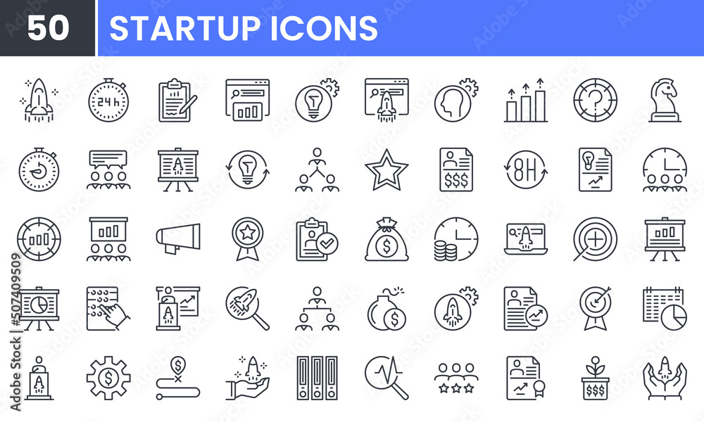 Startup and Creative Business vector line icon set. Contains linear outline icons like Innovation, Rocket, Bulb, Strategy, Target, Growth, Idea, Plan, Solution, Entrepreneur. Editable use and stroke.