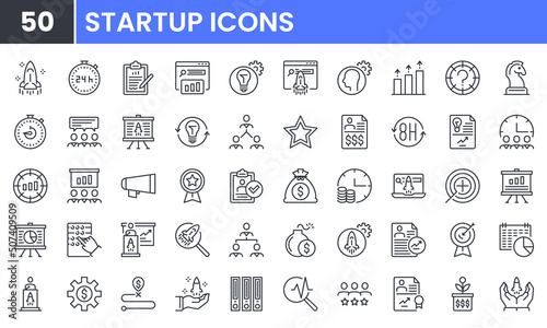 Startup and Creative Business vector line icon set. Contains linear outline icons like Innovation, Rocket, Bulb, Strategy, Target, Growth, Idea, Plan, Solution, Entrepreneur. Editable use and stroke.