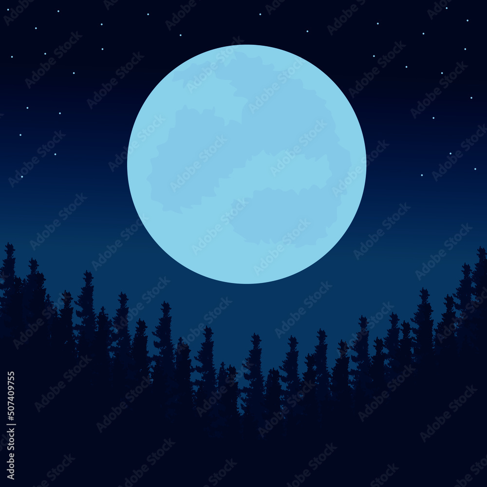 landscape of pines and full moon in blue tones