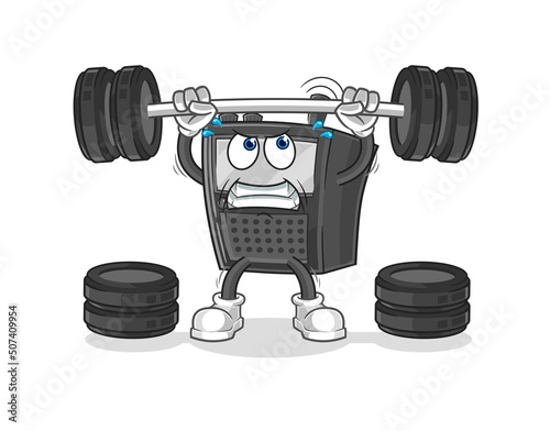 walkie talkie lifting the barbell character. cartoon mascot vector