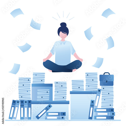 Office overwork, paperwork on workplace. Huge heap of paper documents, folders. Overworked businesswoman relax in lotus yoga pose. Break time, clerk after hard work. Time management,