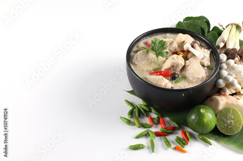 Tom Kha Gai. Thai Chicken Coconut Soup in a Bowl. isolated on a white background have copy space.