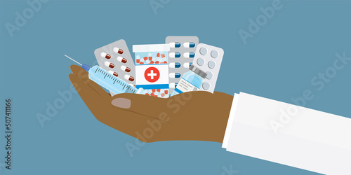 African american pharmacist hand holds various pills. Medical staff gives kit of medicines. Medical care for patient. Stack of drugs. Pharmacy, drugstore, treatment concept.