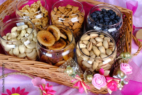 Mixed dry fruits, Nuts and Dry Fruits, Healthy snack - mix of organic nuts and dry fruits. photo