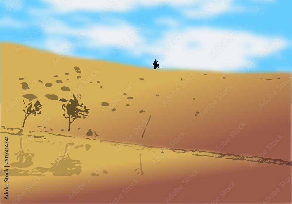 A dessert of under a blue sky, a person is riding on a horse running on the sand, vector