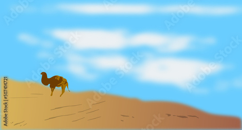 A dessert of under a blue sky  a camel is standing on the sand  vector