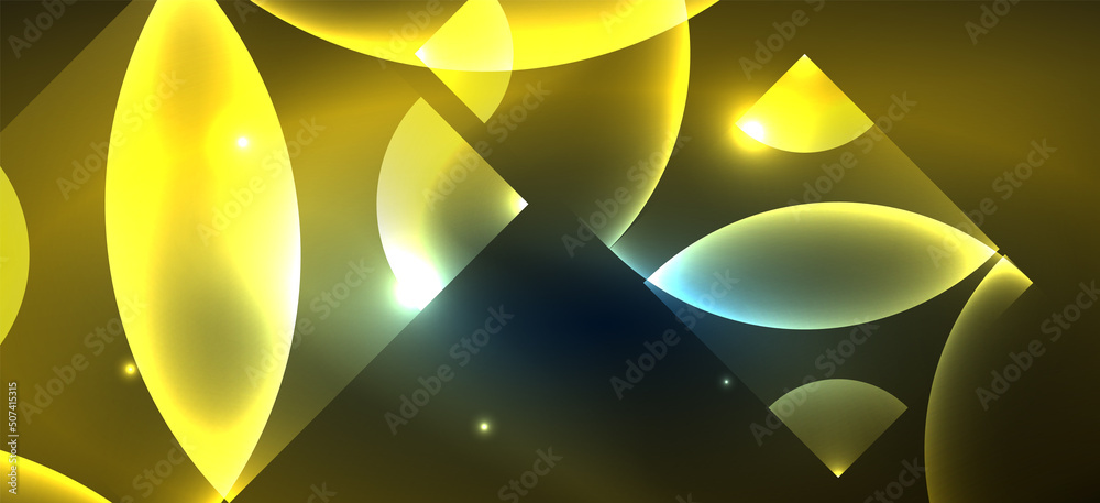 Shiny neon geometric abstract background. Glowing lights on round shapes, triangles and circles. Wallpaper for concept of AI technology, blockchain, communication, 5G, science, business Shiny neon geometric abstract background. Glowing lights on round shapes, triangles and circles. Wallpaper for concept of AI technology, blockchain, communication, 5G, science, business
