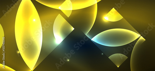 Shiny neon geometric abstract background. Glowing lights on round shapes, triangles and circles. Wallpaper for concept of AI technology, blockchain, communication, 5G, science, business