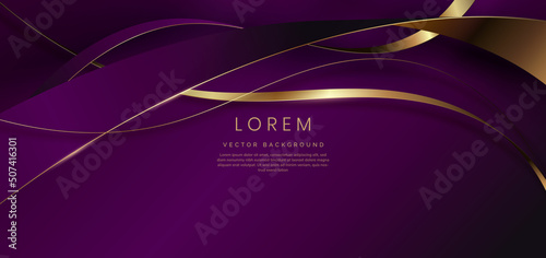 Abstract 3d gold curved ribbon on purple and dark purple background with lighting effect and sparkle with copy space for text. Luxury design style.