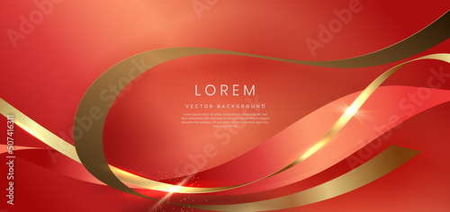 Abstract 3d gold curved red ribbon on red background with bll lighting effect and sparkle with copy space for text. Luxury design style.