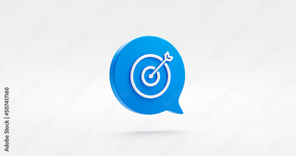 Blue arrow target 3d icon isolated on white background with success achievement bubble message symbol or goal business aim accuracy center dartboard sign and perfection complete focus win development. Blue arrow target 3d icon isolated on white background with success achievement bubble message symbol or goal business aim accuracy center dartboard sign and perfection complete focus win development.
