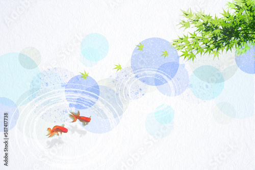 金魚と新緑と水面（背景はブルーの和紙） © imagefuji