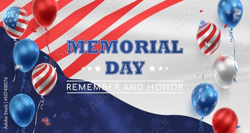 Banner with realistic balloons in American, USA color and ribbons, serpentine, confetti, stars. Happy Memorial Day. Vector illustration for card, party, flyer, poster, banner, web, advertising. 