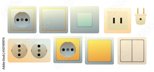Set of Electrical Sockets, switches. Appliances for home network. Spare parts for work of an electrician. Isolated on white background. Vector