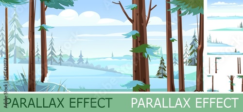 Winter trees. Snow frosty landscape with parallax effect. Beautiful Forest Panorama. Pine trunks. Illustration in cartoon style flat design. Vector