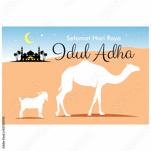 Eid al-Adha greeting card concept illustration with silhouette cEid al-Adha greeting amel, sheep and mosque. Selamat hari raya Idul Adha 1442 H is another language of Eid al-Adha mubarak in Indonesian photo