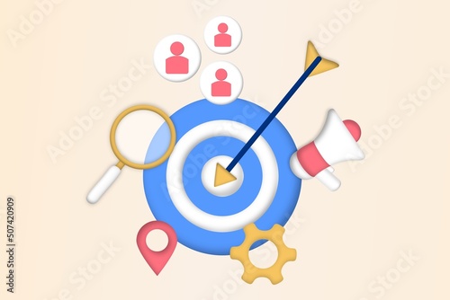 Market segmentation, adverts, target market, target group, target customer, audience outreach concept. Customer attraction campaign, accurate promo, advertising business. 3d web vector illustration.