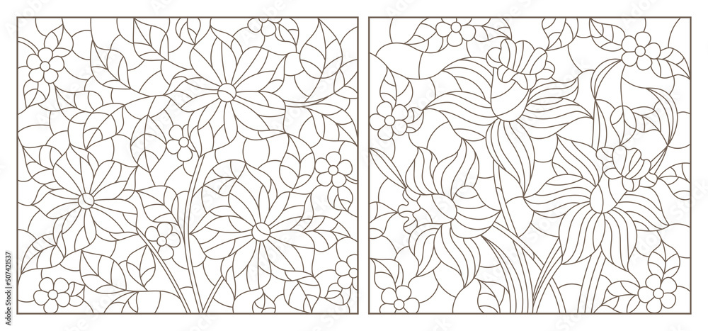 A set of contour illustrations in the style of stained glass with floral arrangements, dark contours on a white background
