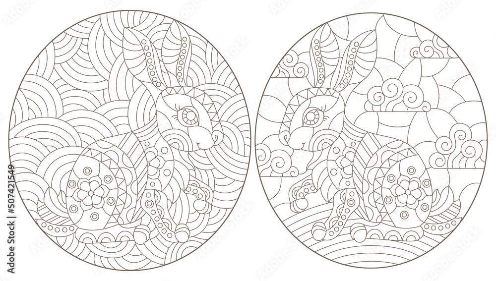 Fototapeta premium A set of contour illustrations in the style of stained glass with cute rabbits, dark contours on a white background