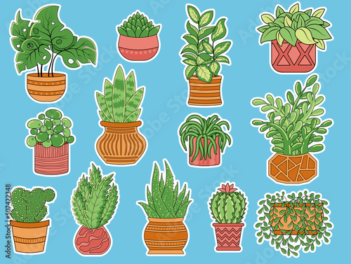 Collection of vector stickers of cute house plants in pots