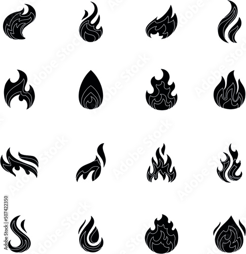 Fire black and white flame burn flat vector icon collection set
