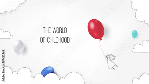 Banner for children, a girl flies on a red balloon. For a toy or baby clothing store. Childhood protection