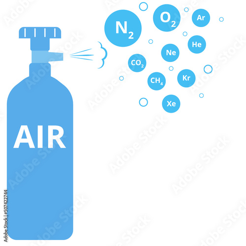 Gas cylinder with air and its components. Vector illustration of air composition. Chemical compound of air diagram.