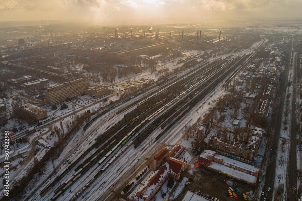 Winter ArcelorMittal Krivoy Rog, Ukraine.
Environmental pollution. Iron production. Blast furnace. Metallurgical plant. View of the large metallurgical plant Krivorozhstal.
