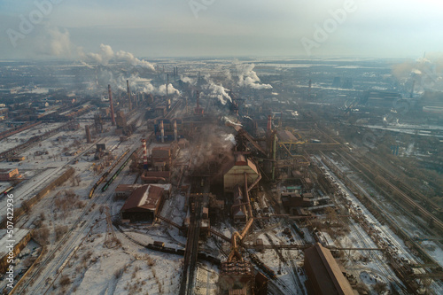 Winter ArcelorMittal Krivoy Rog, Ukraine. Environmental pollution. Iron production. Blast furnace. Metallurgical plant. View of the large metallurgical plant Krivorozhstal.