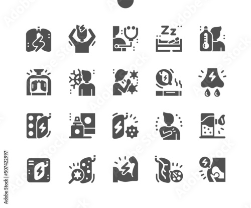 Bronchitis. Sick lungs. Headache and drowsiness. Runny nose. Health care, medical and medicine. Vector Solid Icons. Simple Pictogram