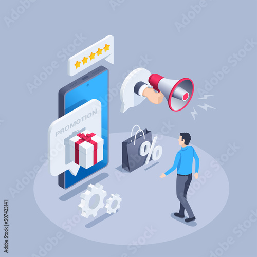 isometric vector illustration on a gray background, a man near a smartphone on the screen of which a message is displayed with a gift box and a hand with a loudspeaker, promotions for shopping