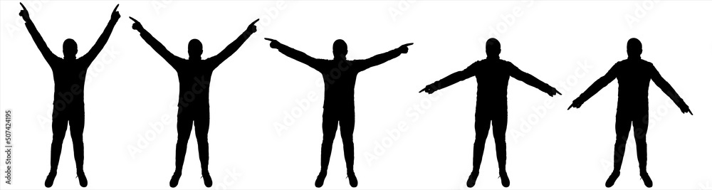 The guy goes in for sports. A group of athletes of the large physique. Morning work-out. One character in different poses - suitable for motion animation. Five black male silhouettes isolated on white