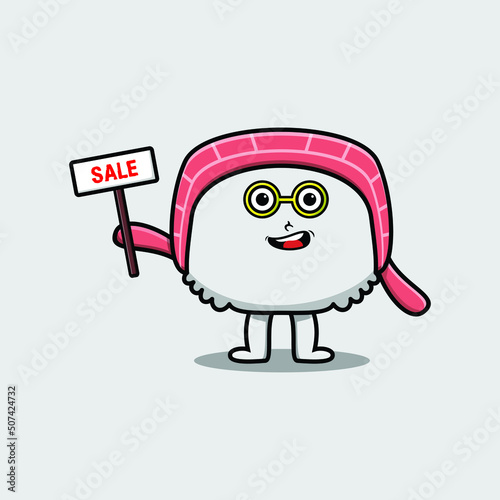 Cute cartoon sushi character holding sale sign designs in concept flat cartoon style