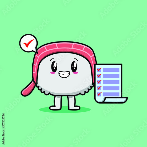 Cute cartoon sushi character holding checklist note in concept flat cartoon style