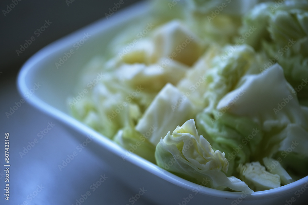 close up chopped cabbage in plate. close up chopped cabbage in plate.
