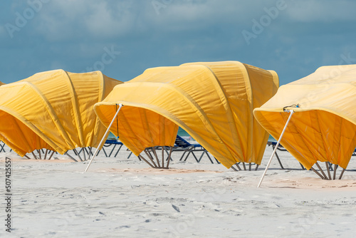 Yellow cabana and lounge chairs on the beach photo