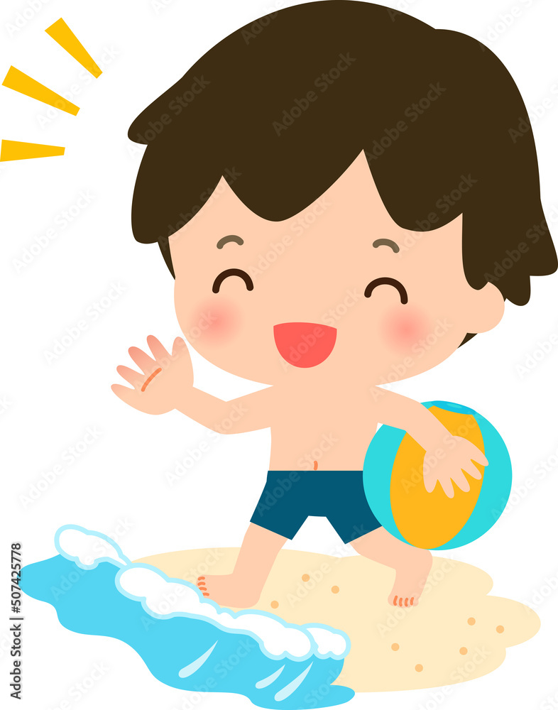 砂浜で遊ぶビーチボールを持った男の子