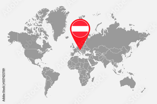 Pin map with Austria flag on world map.Vector illustration.