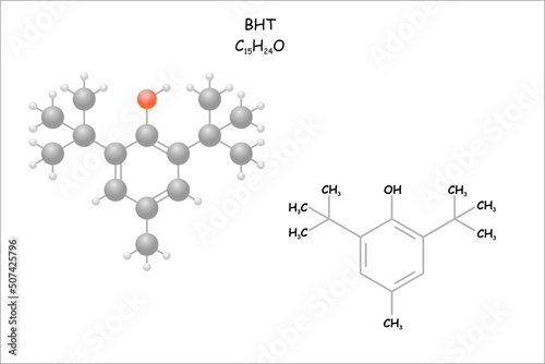 Stylized molecule model/structural formula of BHT. Use as antioxidant.