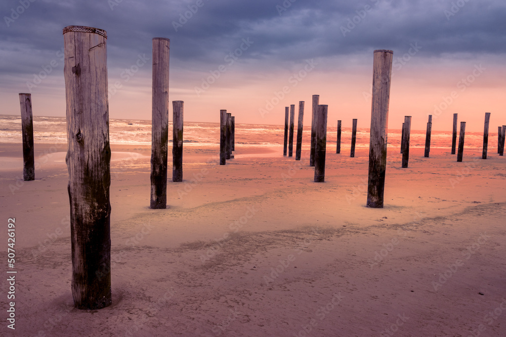 The piles from the sunken village of Petten in the Netherlands on the North Sea The piles from the sunken village of Petten in the Netherlands on the North Sea