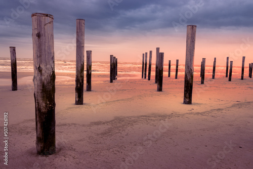 The piles from the sunken village of Petten in the Netherlands on the North Sea