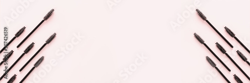 Set of brushes for eyelashes and eyebrows on pink background. Correction and care. Cooling and laying. Womens cosmetics. Banner.