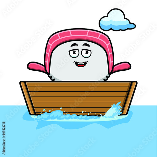cute cartoon sushi get on boat in vector character illustration