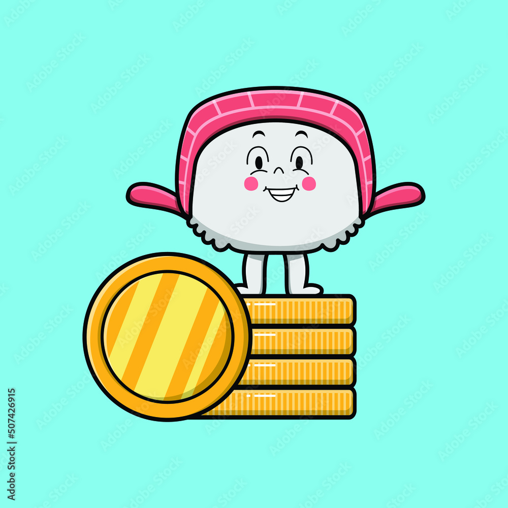 Naklejka premium Cute cartoon sushi character standing in stacked gold coin vector illustration in concept flat cartoon style