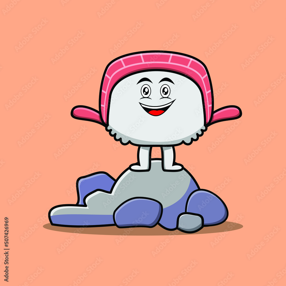Cute cartoon sushi character standing in stone vector illustration in concept flat cartoon style Cute cartoon sushi character standing in stone vector illustration in concept flat cartoon style