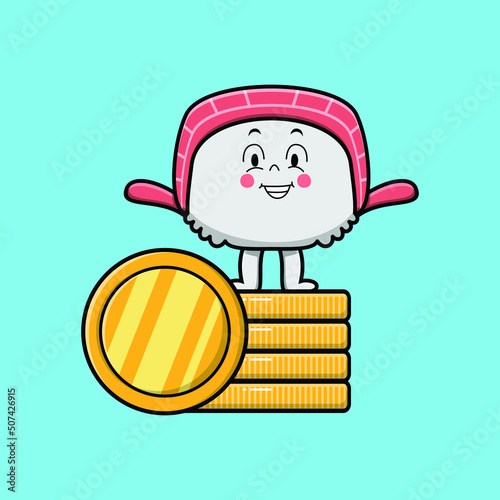 Cute cartoon sushi character standing in stacked gold coin vector illustration in concept flat cartoon style