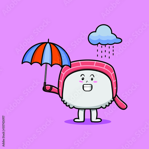 Cute cartoon sushi character in the rain and using an umbrella in flat modern style design