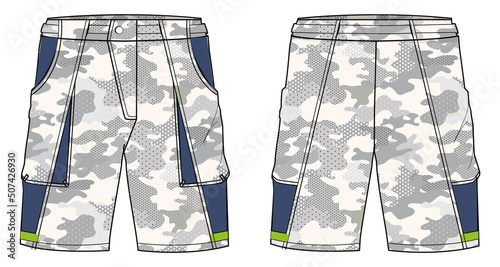 Camouflage belay Shorts design vector template, Football shorts concept with front and back view for Soccer, basketball, Volleyball, Rugby, tennis, badminton and tracking active wear shorts design.