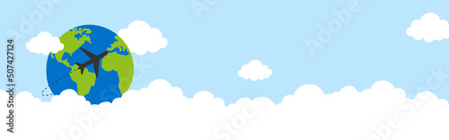 Header with plane flying around the world on the sky with clouds