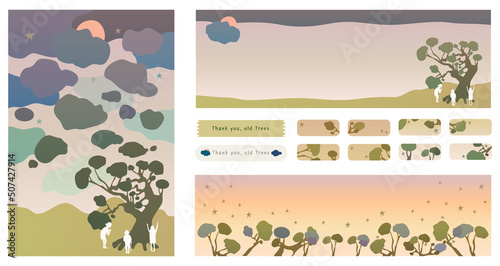 [Vector] Old trees themed design templates for cards, banners, stickers, backgrounds, etc.
